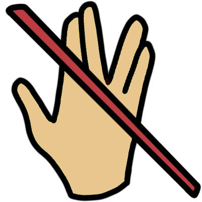 A beige left hand in the vulcan salute, a red diagonal line through it from top left to bottom right 